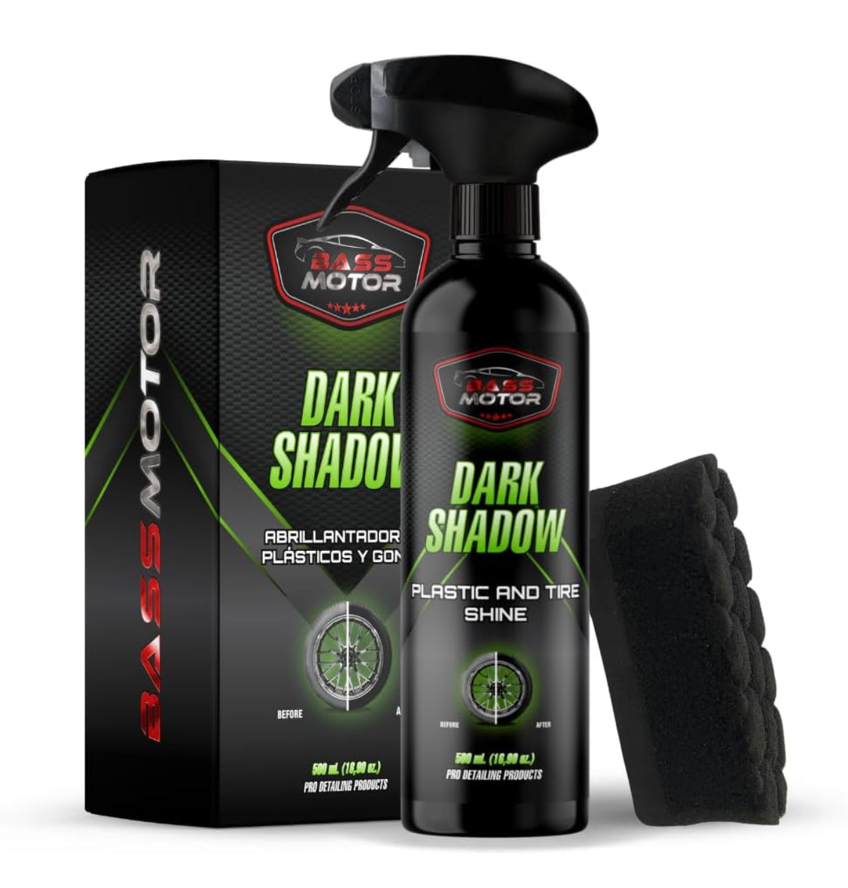 BassMotor Abrillantador de Plástico y Neumáticos Coche - Dark Shadow 500ml + Esponja Premium