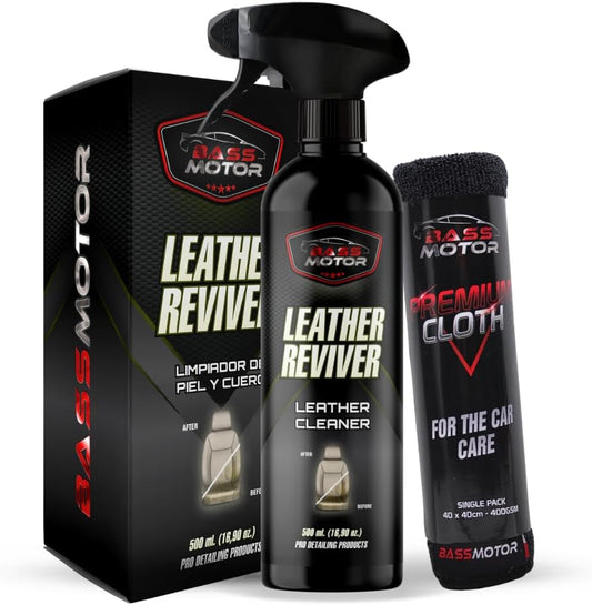 BassMotor Limpiador Cuero, Piel y Alcantara - Leather Reviver 500 ml + Bayeta Premium