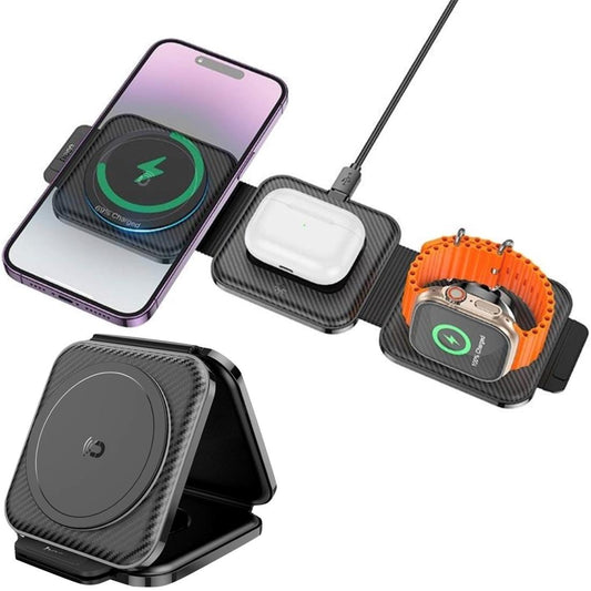 Cargador Inalámbrico Hoco CQ4 3 en 1 MagSafe 15W Plegable | Para iPhone, AirPods y Apple Watch