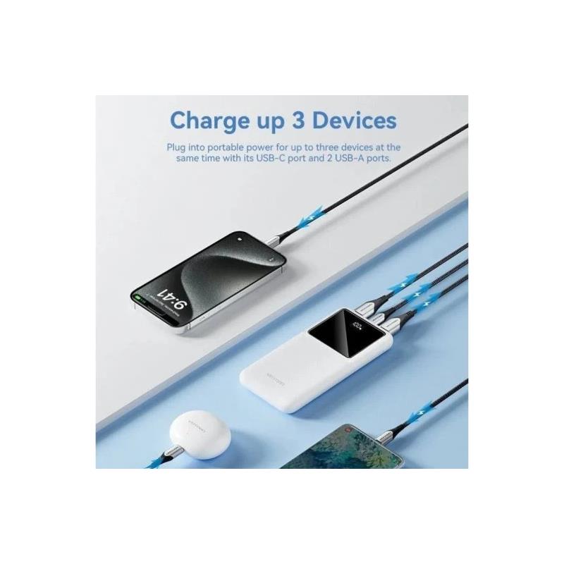 Vention Power Bank 10,000 mAh White | 22.5W Fast Charging, USB-C + USB-A + Micro-USB, LED Display