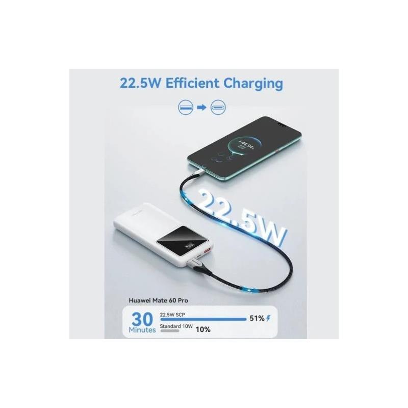Vention Power Bank 10,000 mAh White | 22.5W Fast Charging, USB-C + USB-A + Micro-USB, LED Display
