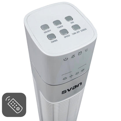 Ventilador Torre Svan 36” 60W con Mando, Display LED e Ionizador – Blanco